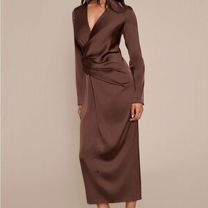PLT CHOCOLATE SATIN RUCHED DETAIL LONG SLEEVE MIDAXI DRESS SIZE 8